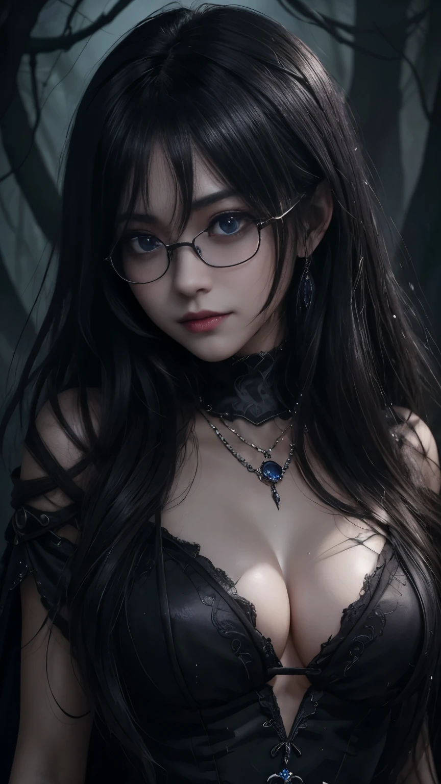 (Highest quality,4K,8k,High resolution,masterpiece:1.2),Very detailed,(Realistic,photoRealistic,photo-Realistic:1.37), Close-up of a woman with dark hair and a black dress, Dark Eyes,an ominous笑顔,((((Glasses))))、((((big sapphire necklace))))、Evil Aura,Burning Flames,Soul Corruption,Dark Shadows,an ominous雰囲気,Strange symbols,Cursed Land,Eternal Darkness,Unforgettable Exists,Intimidating person,Grotesque features,Horror Scene,twisted reality,Scary atmosphere,A wonderful work of art,Evil Unleashed,Supernatural horror,Spooky art,nightmare fuel,Terrifyingly clear,Abstract fear,Terrifyingly beautiful,masterpiece,Fear incarnate,Shadow Chaos,Exists,to be born々Shii Darkness,in style of Dark Fantasy Art, Dark Fantasy Art, Beautiful and elegant queen of darkness, Dark Fantasy Art, Fantasy Dark Art, Dark fantasy digital art, Gothic fantasy art, Gothic Dark Maiden, Detailed Texture,Spooky creatures,an ominous雰囲気,Mythical,Space horror,darkness,mysterious,Dark aesthetic,Fog Background,Eyes of another world,Ancient Gods々々々々々々, Powerful wizard, mysteriousStanding in the woods. A loose robe decorated with symbols, Arms stretched out, Powerful,Tentacles,Pitch black blackness,Majestic,Unfathomable depth,nightmare,The Exists of the universe,an ominousExists,seeping darknesss,Secrets of the Universe, (Spooky atmosphere), (((Dramatic Shadows), (Dynamic pose), ((Artistically expressed)), ((charm), (Gothic), (mysterious Setting), (Moody color palette), (Skillfully drawn), (sense of unease), (Intricate details), (an ominous smile), (an ominous), (charm eyes), (Horror elements), (charm composition), (Impressive anatomy),(Striking contrast))), (Interesting character designs)、Dark Fantasy Portrait, Portrait of the Dark Goddess,