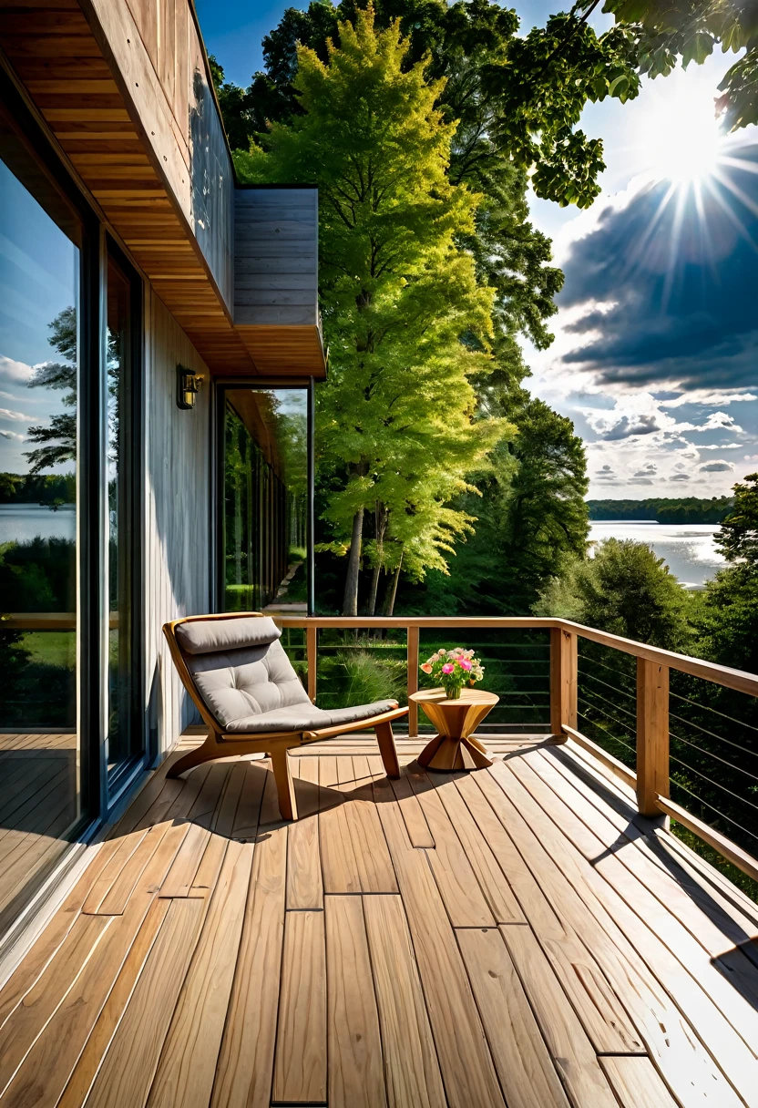 RAW photograph taken with the Nikon D7500 + AF-S DX NIKKOR camera, 18mm lens, ultra-wide, overhead angle, 8K, top quality, HDR, ultra high res.photorealistic::1.5, lamp temperature 9,000K, at 7 am, morning summer with natural light. Imagine a contemporary home, front view, facede, (((brise soleil window style))), wood and light gray architecture concrete harmonize perfectly. From the spacious deck, the view opens up to a large, serene lake, reflecting the blue sky and surrounding trees. It's a spring afternoon, the gentle breeze carries the scent of flowers and the peaceful sound of water. The space is welcoming and relaxing, ideal for enjoying a good book or a coffee, in complete harmony with nature. Photography, Hyperrealism style, woodenmodel, ultra high res.photorealistic::1.5
