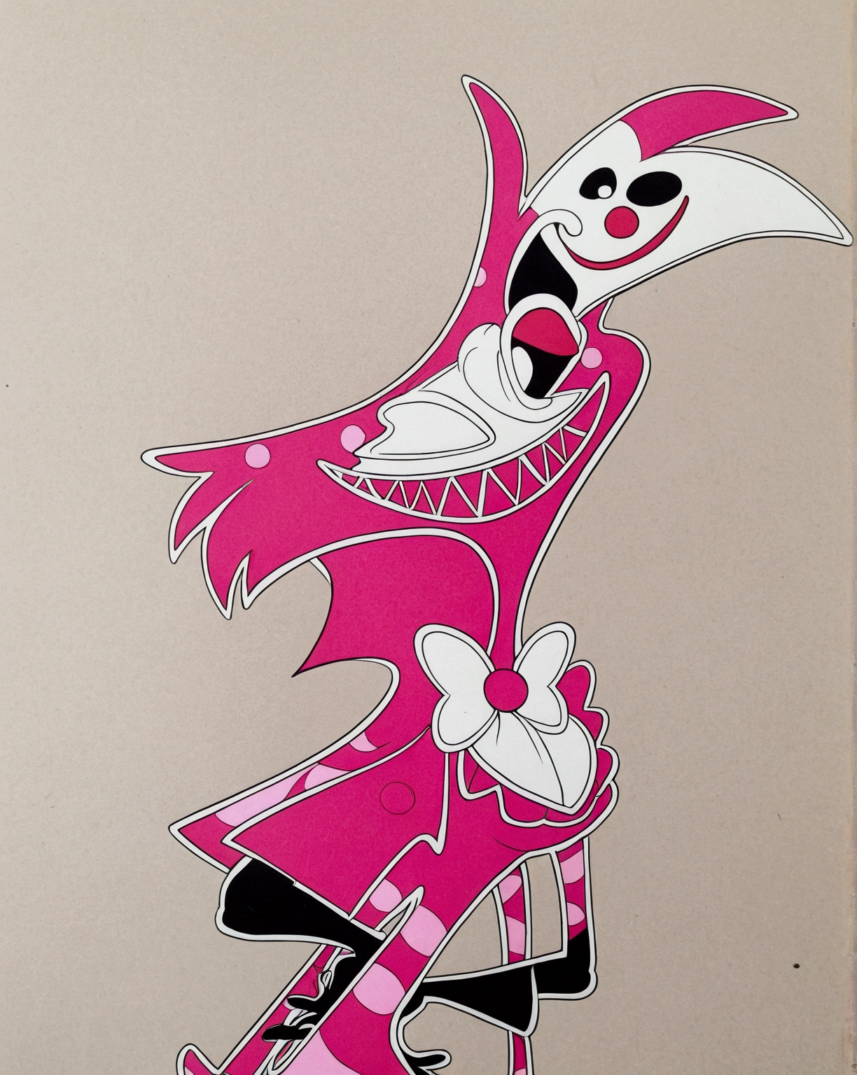 cartoon character in a pink and white dress and a pink skateboard, cute clown, [[[[grinning wickedly]]]], ((zerator)), sorriso nefasto, This character has cryokinesis, cruella demon spider, grinning sinisterly, ren and stimpy style, disturbing smile, &quot;Whoah, the prismatic person