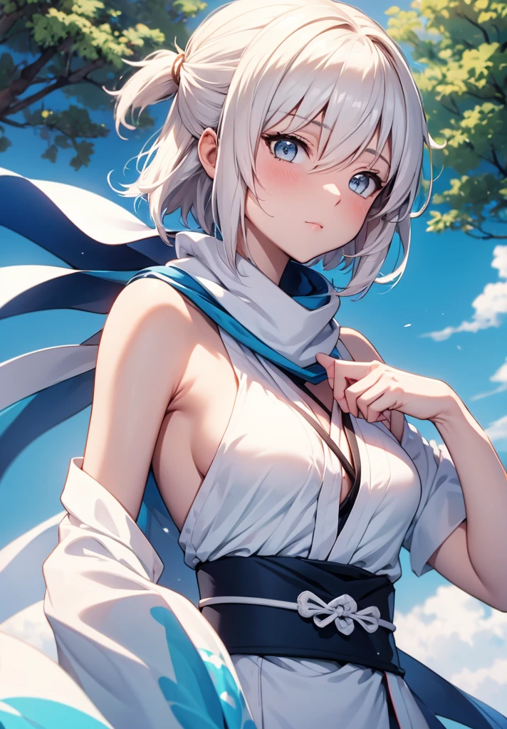 Best Quality, 1 girl, alone, okita_souji, white kimono, scarf, cowboy photography, outdoor, bare shoulders, bare shoulders, sleeveless, looking at the viewer,