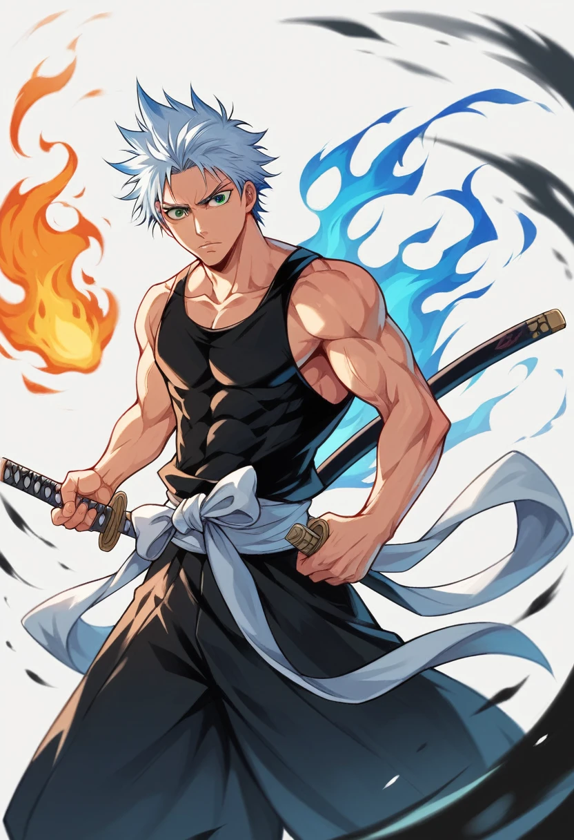 1 young boy, details Intricate, 1 men, bonitas, spiky white hair, vibrant green eyes, slim muscles, アニメ, 19yearsold, 19 years, a small goatee, kimono de Shinigami, Shinigami, bleach, Tank top, kimono, bleach, katana ( uma katana afiada e longa coberta por Blue flames) , blue flames, Blue flames, katana longa, powerful katana (attacking enemies with your katana making cuts with your flames).
