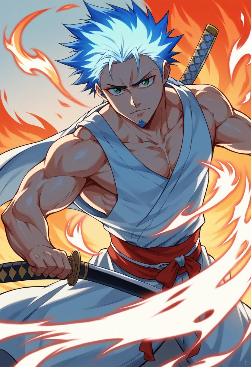 1 young boy, details Intricate, 1 men, bonitas, spiky white hair, vibrant green eyes, slim ripped , アニメ, 19yearsold, 19 years, a small goatee, kimono de Shinigami, Shinigami, bleach, Tank top, kimono, bleach, katana ( uma katana afiada e longa coberta por Blue flames) , katana blue flames, Blue flames, katana longa, powerful katana (attacking enemies with your katana making cuts with your flames).