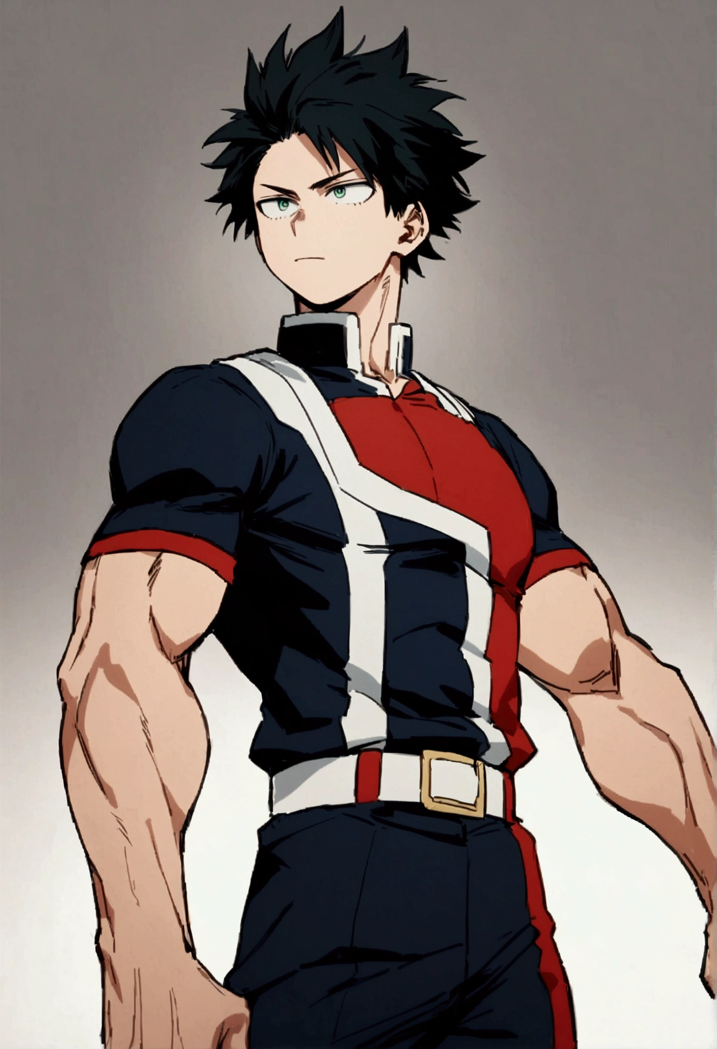 He is a 17 year old teenager, He has slightly disheveled very black hair..., somewhat light green eyes, (front angle ) , muscular body , He is dressed in the anime uniform. "my hero academia", 