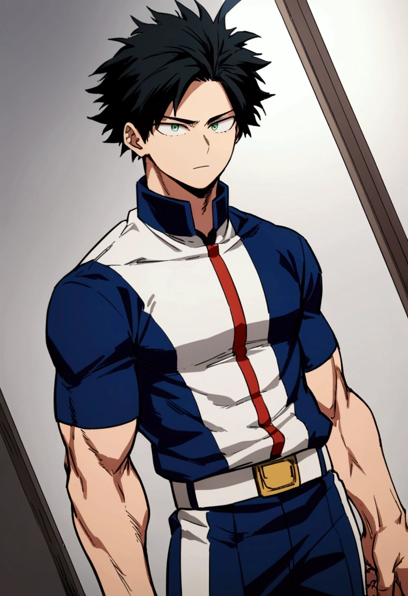 He is a , He has slightly disheveled very black hair..., somewhat light green eyes, (front angle ) , muscular body , He is dressed in the anime uniform. "my hero academia", 