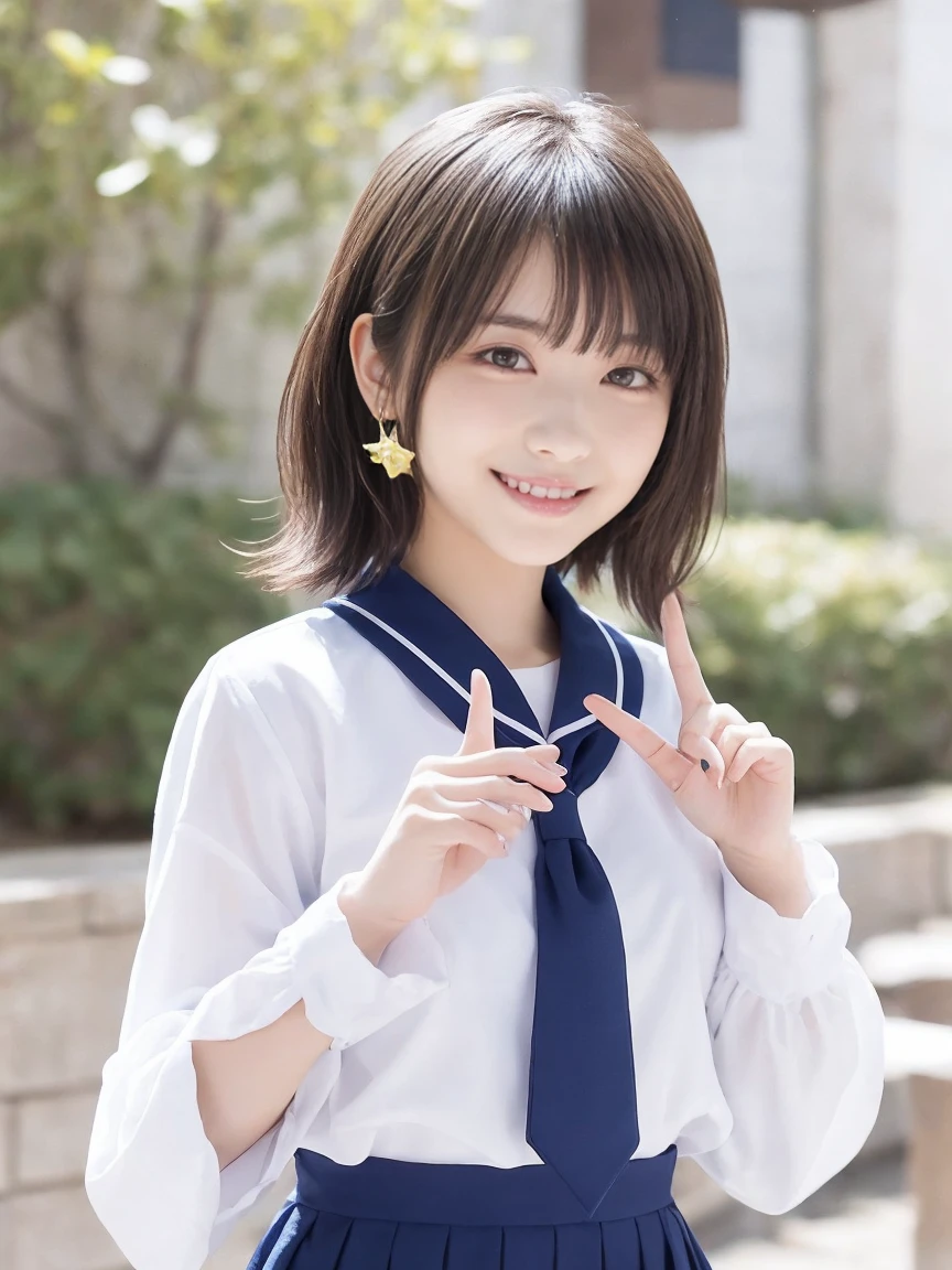 A detailed 3D anime-style image of a cheerful young girl with long, flowing golden hair, wearing a traditional Japanese sailor . She has a white blouse with blue accents and a blue tie, along with a pleated navy skirt. The girl is making a playful peace sign with her right hand near her head, smiling brightly with her purple eyes. Her hair has a slightly messy and wind-swept appearance. The background is light and features subtle, colorful star and flower motifs, enhancing the joyful and energetic mood of the scene. Ensure the art style captures a high level of detail and vivid colors, emphasizing the character's lively personality and dynamic pose.