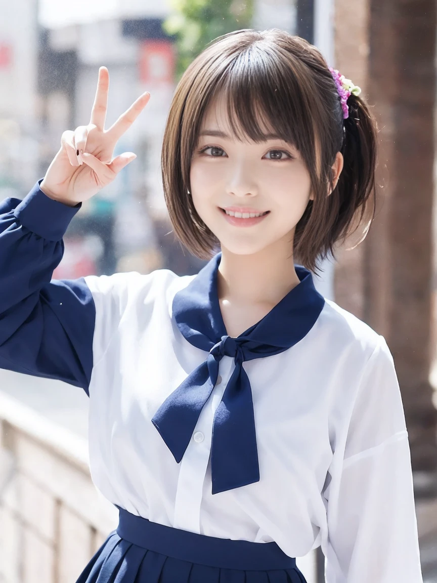 A detailed 3D anime-style image of a cheerful young girl with long, flowing golden hair, wearing a traditional Japanese sailor . She has a white blouse with blue accents and a blue tie, along with a pleated navy skirt. The girl is making a playful peace sign with her right hand near her head, smiling brightly with her purple eyes. Her hair has a slightly messy and wind-swept appearance. The background is light and features subtle, colorful star and flower motifs, enhancing the joyful and energetic mood of the scene. Ensure the art style captures a high level of detail and vivid colors, emphasizing the character's lively personality and dynamic pose.