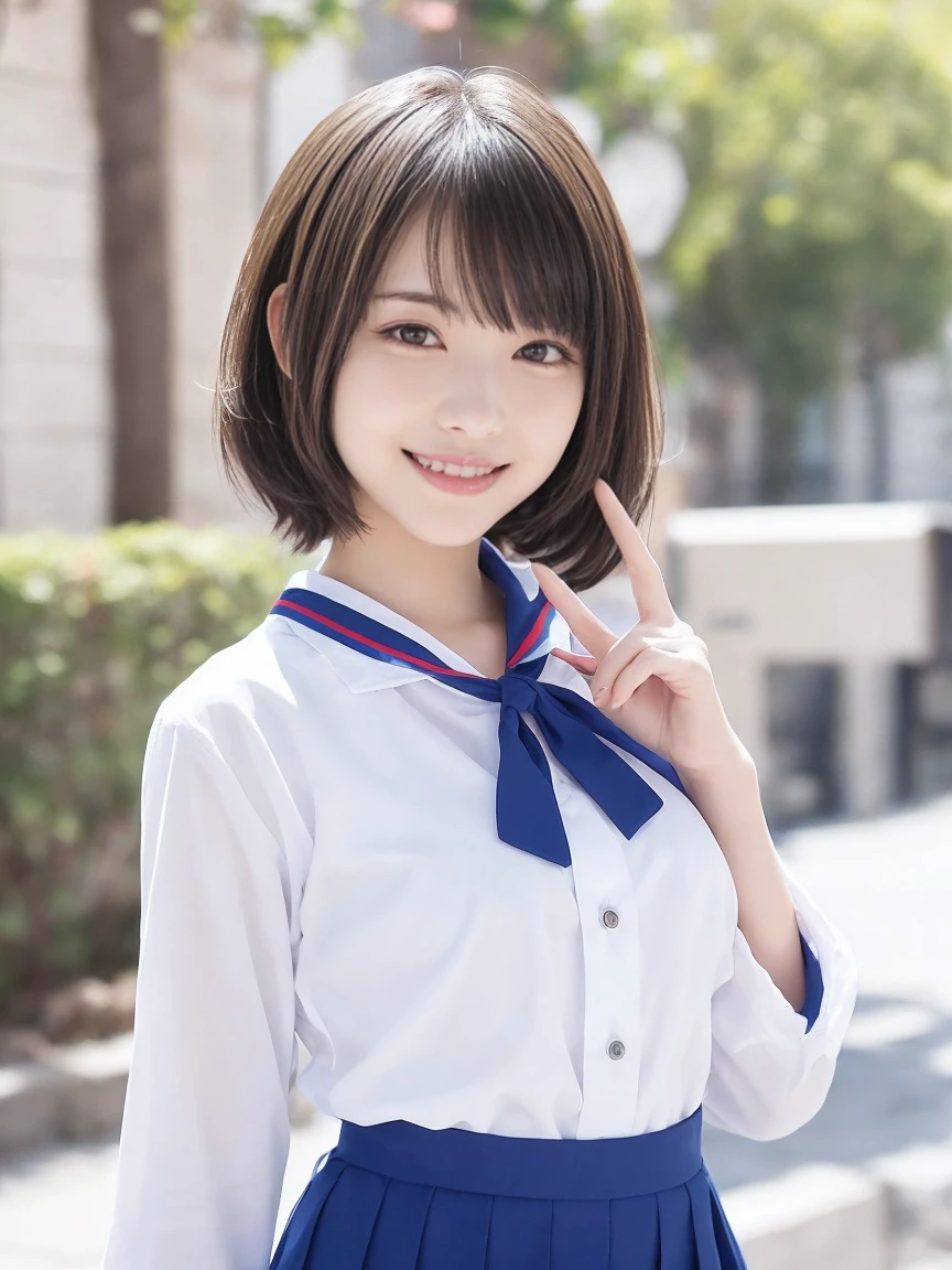 A detailed 3D anime-style image of a cheerful young girl with long, flowing golden hair, wearing a traditional Japanese sailor . She has a white blouse with blue accents and a blue tie, along with a pleated navy skirt. The girl is making a playful peace sign with her right hand near her head, smiling brightly with her purple eyes. Her hair has a slightly messy and wind-swept appearance. The background is light and features subtle, colorful star and flower motifs, enhancing the joyful and energetic mood of the scene. Ensure the art style captures a high level of detail and vivid colors, emphasizing the character's lively personality and dynamic pose.