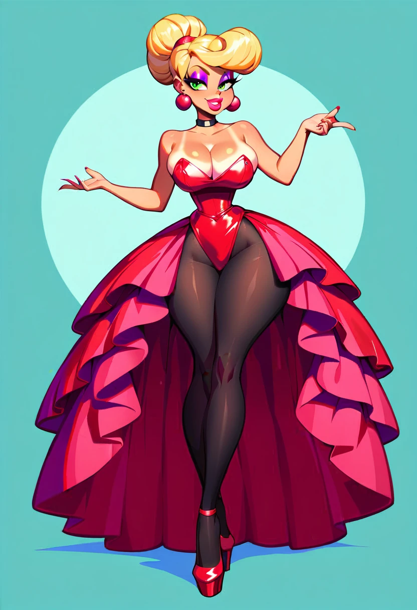 solo, gigantic wide hips, extremely small narrow waist, enormous round thighs, very long legs, flirting -facele, pouting thick lips, big green eyes, deep round cleavage. Wearing reflective hot pink mini dress. black pantyhose. thin waist, tanlines, at gala ball, makeup, captivating long-haired blonde tween boduilder