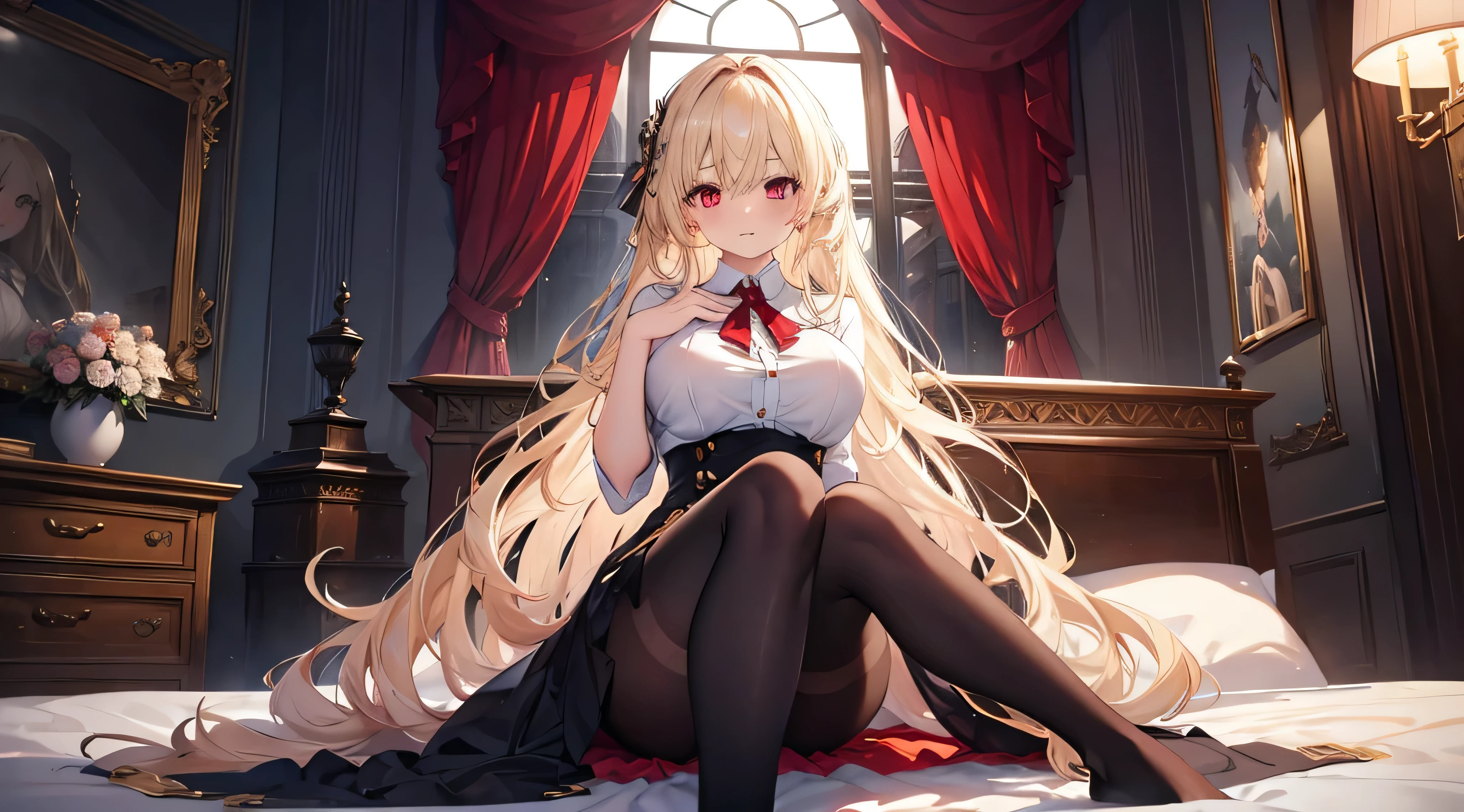 Highest quality, masterpiece, figure, wallpaper,One girl,White shirt, Light Hair, Beautiful detailed girl, Highly detailed eyes and face, Beautiful attention to detail, Shine,Browsing Caution, View your viewers, bed, night, Black Pantyhose, Straight hair, Red Eyes, long hair,Blonde, thick_Thighs, Large Breasts, Red eyes,Sitting,Highly detailed fingers,clear background