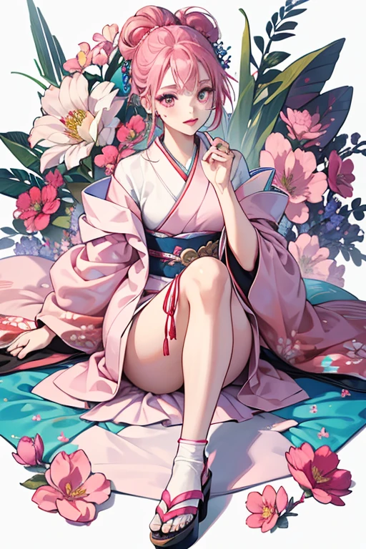 Yuki is a pale skinned girl with white makeup on her face. She has red lipstick, bright pink cheeks, and a pink-red flower marking by her right eye. Her eyes are plain black, while her hair is a very bright, dark blue worn up and pulled into multiple buns. On the top section are multiple pink flowers with a blue one in the center.
Yuki wears a pale pink kimono with magenta-red, and blue lining, and blue, pink, and red flowers. She wears socks and a pair of sandals. SPARKLE; GLITTER