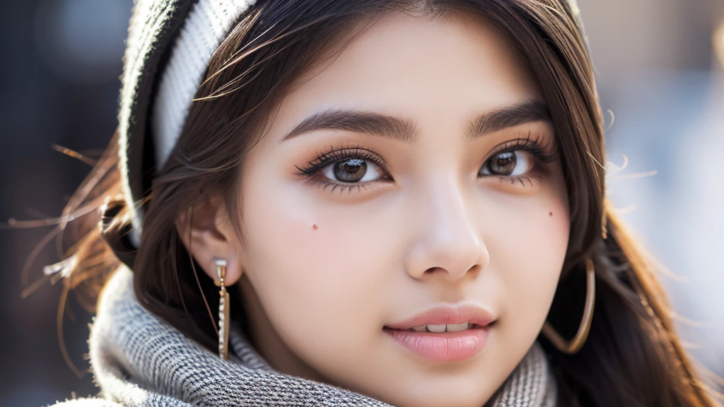 cute egyptian college student, Winter fashion, Photorealsitic, Detailed skin, A detailed face, Detailed lips, Detailed eyebrows, PUPILS SPARKLING, depth of fields, ccurate, Super Detail, Best Quality, hight resolution, Anatomically correct, Textured skin, high details, High quality