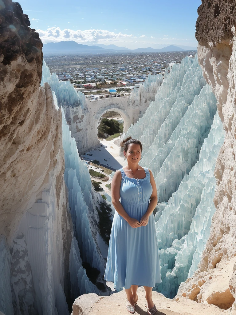 her name is Annette, high quality, ((mature)), ((white pale skin)), 1girl, ((40-year-old chubby Swiss woman)), ((40 years old)), ((chubby)), ((brunette)), pose: standing, wearing stylish blue (((wearing light-colored sundress))), ((BACKGROUND: overlooking Cave of crystals in Naica, Mexico)), random pose, messy bun hair
