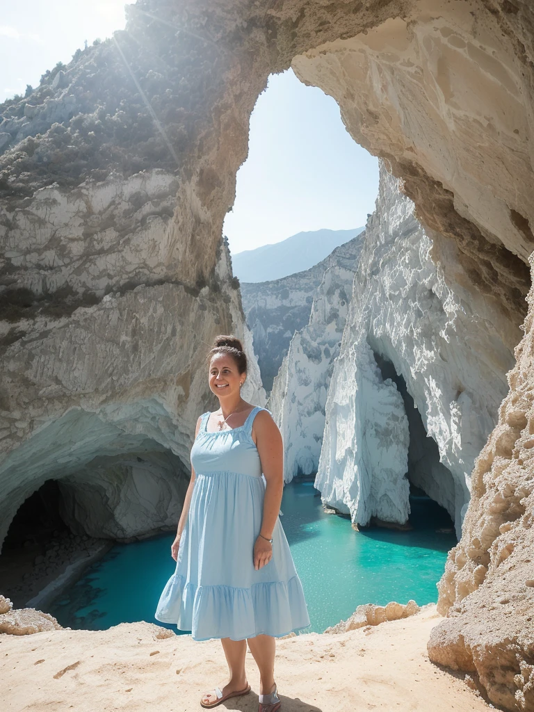 her name is Annette, high quality, ((mature)), ((white pale skin)), 1girl, ((40-year-old chubby Swiss woman)), ((40 years old)), ((chubby)), ((brunette)), pose: standing, wearing stylish blue (((wearing light-colored sundress))), ((BACKGROUND: overlooking Cave of crystals in Naica, Mexico)), random pose, messy bun hair