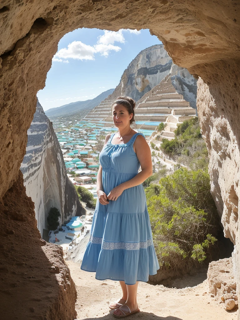 her name is Annette, high quality, ((mature)), ((white pale skin)), 1girl, ((40-year-old chubby Swiss woman)), ((40 years old)), ((chubby)), ((brunette)), pose: standing, wearing stylish blue (((wearing light-colored sundress))), ((BACKGROUND: overlooking Cave of crystals in Naica, Mexico)), random pose, messy bun hair