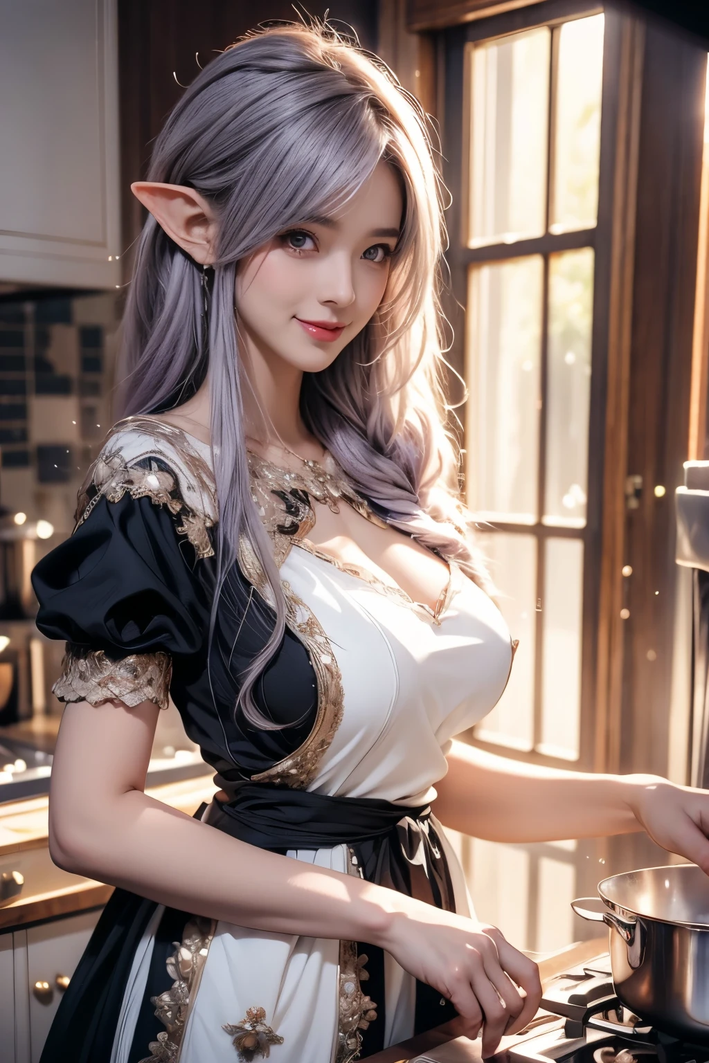 facing viewer, black and white maid dress, graceful, kitchen, smile, cooking, adult, 1 girl, elf, toned skin, anime, look at viewer, (light purple hair), straight hair, show body to viewer, best quality, highres, 8k, masterpiece, anatomically correct, super detail, textured skin, diamond face shape, so huge breast, fit body, beautiful, fantasy, anime style, anime painting, shy, timid