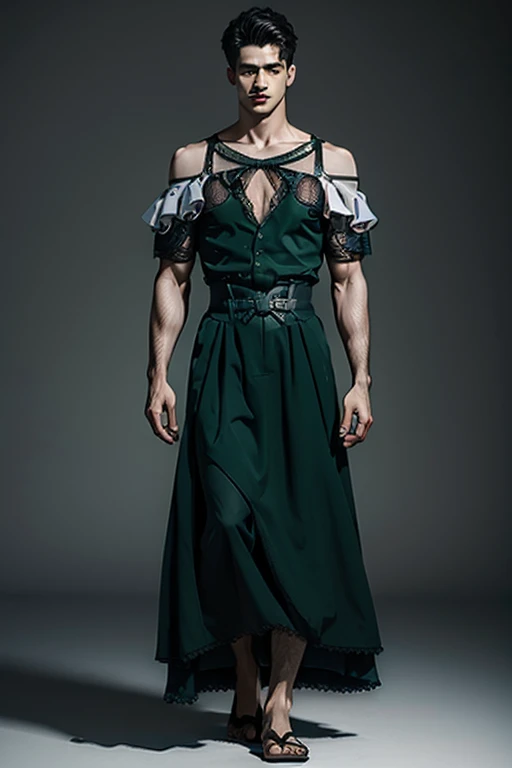 Young man wearing long green dress, full body , off shoulder , hot man, hot male