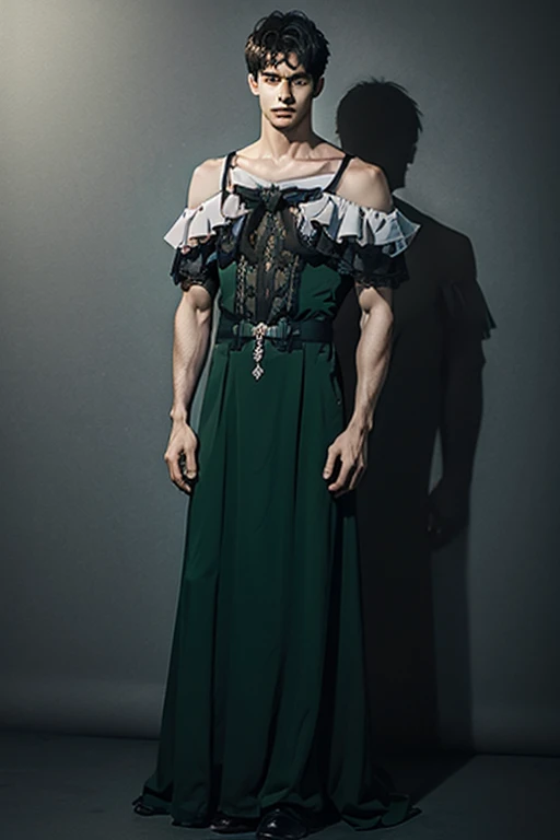 Young man wearing long green dress, full body , off shoulder , hot man, hot male