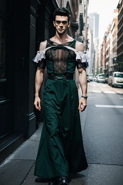 Young man wearing long green dress, full body , off shoulder , hot man, hot male