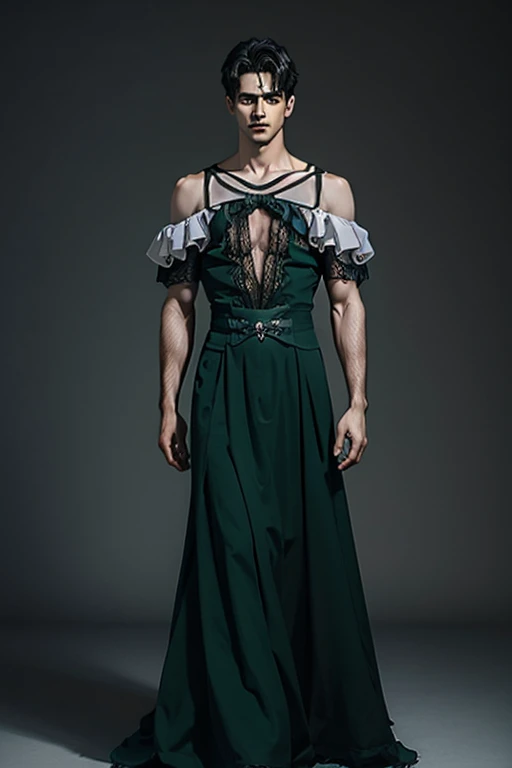 Young man wearing long green dress, full body , off shoulder , hot man, hot male