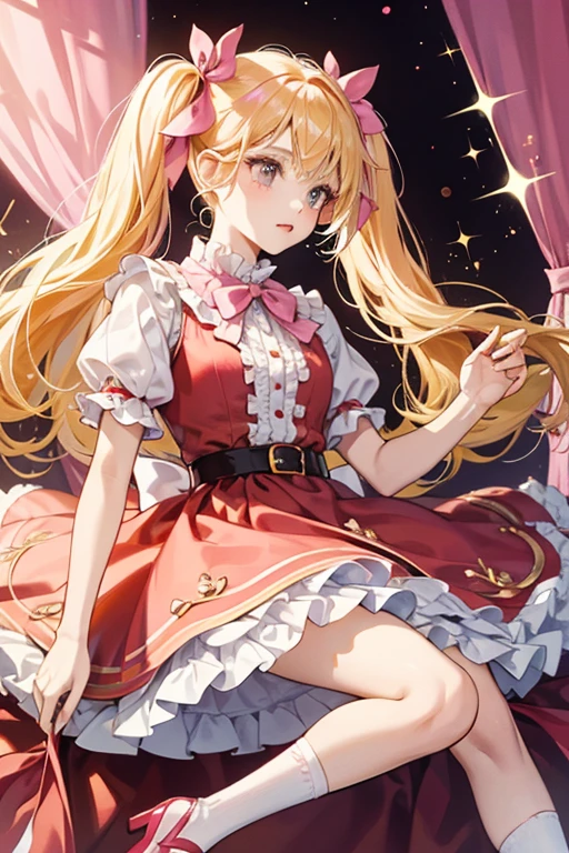 Velvet is a fair skinned girl with basic black eyes and pink cheeks. Her hair is a pink variant of Dollop Light 'N' Fluffy's high pigtails, worn with very pale yellow hair bows.
She wears a red dress with short sleeves, a pale yellow collar, belt, and ribbon design lining the bottom of the skirt. She also wears a pair of red shoes with white socks. SPARKLE; GLITTER