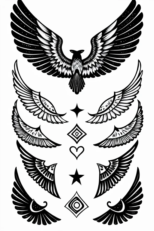 Different drawings with line style, these drawings are galaxies, animals, Viking runes and that these drawings form wings