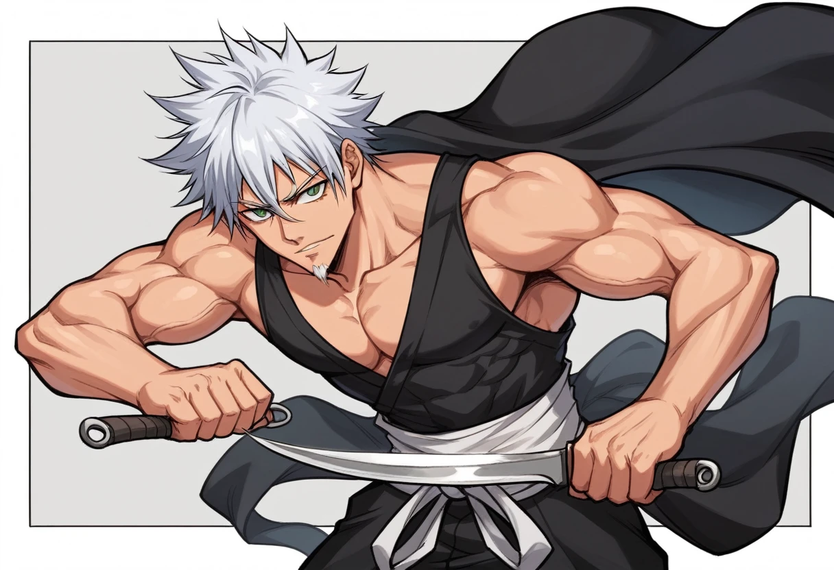 ung boy, male focus, details Intricate, 1 men, bonitas, White hair, vibrant green eyes, slim muscles, アニメ, 19yearsold, 19 years, a small goatee, kimono de Shinigami, Shinigami, bleach, Tank top, kimono, bleach, bleach style, sickle ( uma sickle de tamanho mediano poderosa e afiada), sickle (fazendo cortes com a sickle saindo chamas pretas) chamapretass,Black flames, (o personagem esta em pé fazendo ataques com sua sickle mediana, using black fire attacks) .