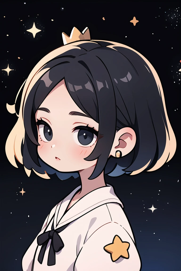 Girl with short black starry hair and white clothes with star details, black eyes