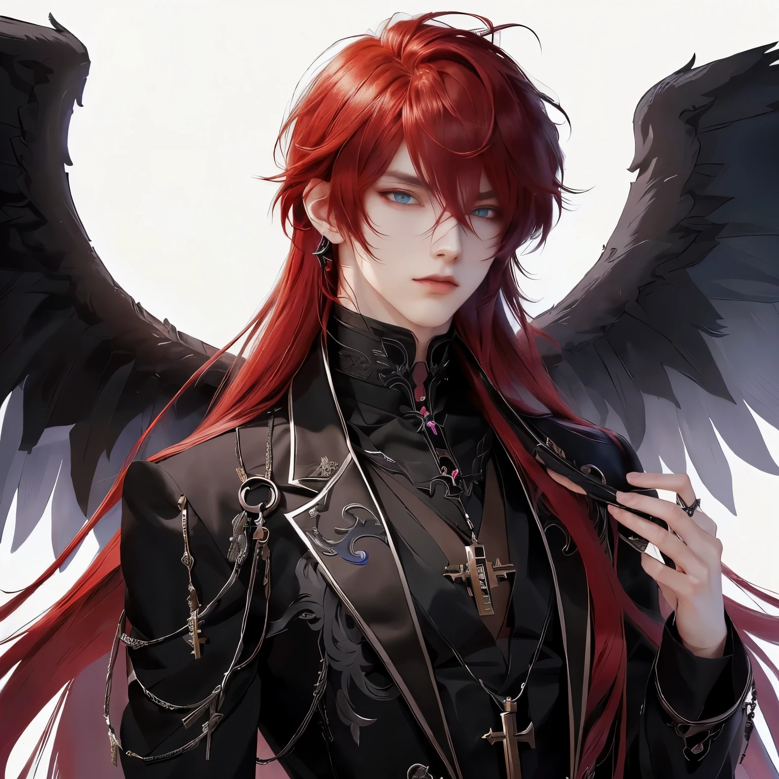 anime, a woman with red hair and black wings, wearing a black outfit, beautiful male god of death, beautiful androgynous prince, male anime character, tall anime guy with blue eyes, detailed anime character art, key anime art, delicate androgynous prince, handsome guy in demon slayer art, handsome japanese demon boy, detailed key anime art