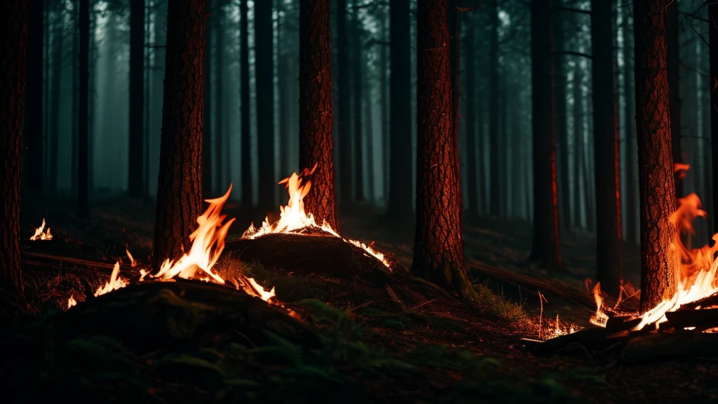 close-up dark forests on fire rpg style 4k cinemact flame trailer film