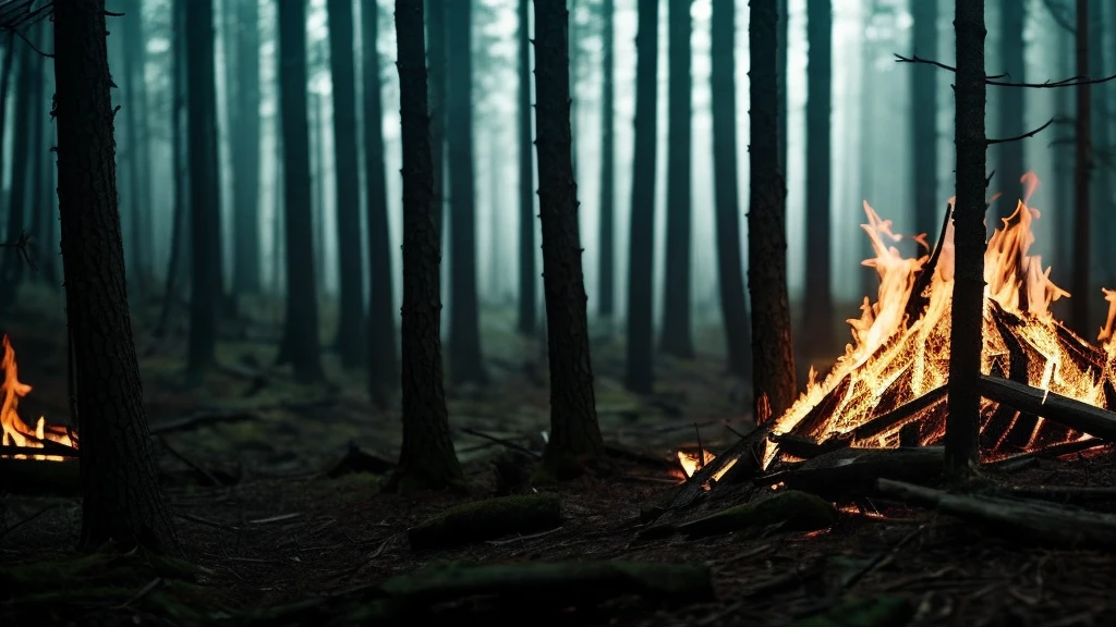 close-up dark forests on fire rpg style 4k cinemact flame trailer film