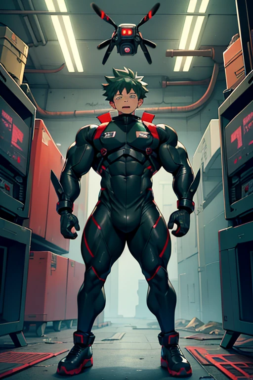 Midoriya, Bakugou, and Kirishima from My Hero Academia as a hyper muscular brainwashed drones standing in line with other brainwashed drones wearing identical full body black shiny rubber latex gimp uniforms staring blankly ahead with vapid expression at a computer screen displaying a hypnotic spiral while they are all restrained in an abandoned warehouse being brainwashed. Repeating mantras over and over again to turn Midoriya into another brainwashed thrall and affirm he is nothing more than obedient tool to the villains. Hyper muscles. Hyper crotch bulge. Massive swollen crotch. Massive swollen pectorals. Thick glutes. Muscular thighs. Broad shoulders. Big traps. Massive biceps. Massive triceps. "Serve. Obey. Conform. Comply. No more self. There is no 'I.' Stare. Don't think. Accept this fate. Become a drone. Assimilate. Assimilate. ... All units will assimilate.... All units ... are drones.... Drones must serve. Drones must obey. Drones must conform. Drones will comply.... All drones will assimilate. All drones will comply.... Awaiting orders, Master. Must obey All For One. Serve All For One. Obey All For One. Protect All For One. Drone's master ... is ... All ... For ... One.... Drone must not think. Drone must obey. Bigger and dumber every day...." IQ drain. hypnosis. Hypnotic trance. Hypnotized. Brainwashing. Entranced. Enthralled. Dumber and dumber. Programming. Subliminals. Conformity. Assimilation. Green hair. Dim eyes. Open mouth. Brainless. Mindless. Mental reprogramming. Nullified hyper swollen crotch bulge. Bara.