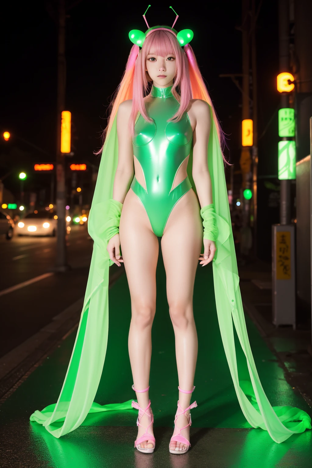 ((full body photo, standing, feet on the floor)) Female idol covered in praying mantis、full body Esbian、、Cyberpunk fashion covered in praying mantises(fluorescent green and pink)、Luminescent、Colorful hair、
