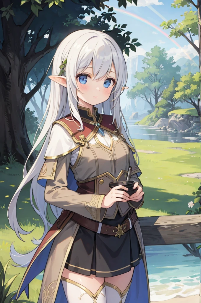 (masterpiece), best quality, high resolution, highly detailed, detailed background, perfect lighting, lens flare, fantasy, nature, 1girl, 120yo elf girl,