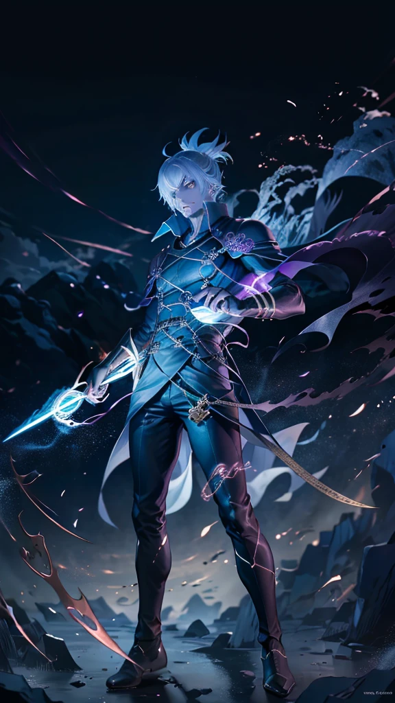 epic anime style, purple lightning, evil temperament, 20-year-old male shadow assassin, glowing black aura, shadow supervisor, handsome face, brilliant and majestic. Beautiful standard body and complete body structure. full body shot of a man with lightning in his hand, an epic anime about a purple energy man, in a battle stance with dark hair and glowing eyes looking at the viewer. Cool Gapmoe Yandere, menacing look, gintama's Hijikata Toushirou, inspired by Masanobu Okumura, the originator of the anime art style, Nobutaka Ike, the night war rages behind him. Highest image quality 8K, details everything 8K.