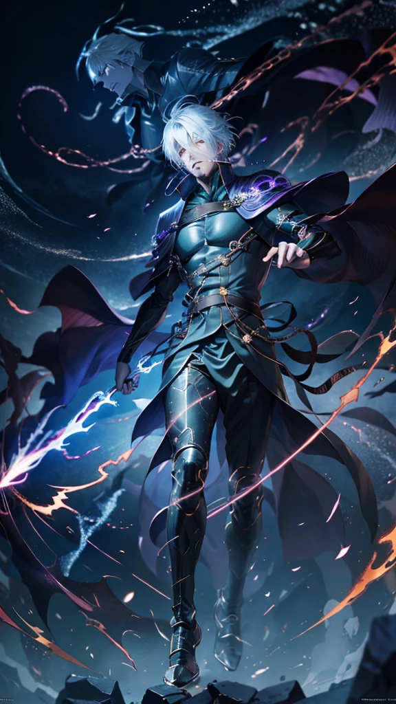 epic anime style, purple lightning, evil temperament, 20-year-old male shadow assassin, glowing black aura, shadow supervisor, handsome face, brilliant and majestic. Beautiful standard body and complete body structure. full body shot of a man with lightning in his hand, an epic anime about a purple energy man, in a battle stance with dark hair and glowing eyes looking at the viewer. Cool Gapmoe Yandere, menacing look, gintama's Hijikata Toushirou, inspired by Masanobu Okumura, the originator of the anime art style, Nobutaka Ike, the night war rages behind him. Highest image quality 8K, details everything 8K.