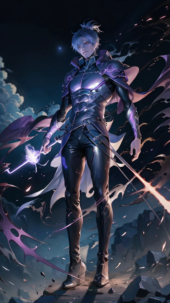 epic anime style, purple lightning, evil temperament, 20-year-old male shadow assassin, glowing black aura, shadow supervisor, handsome face, brilliant and majestic. Beautiful standard body and complete body structure. full body shot of a man with lightning in his hand, an epic anime about a purple energy man, in a battle stance with dark hair and glowing eyes looking at the viewer. Cool Gapmoe Yandere, menacing look, gintama's Hijikata Toushirou, inspired by Masanobu Okumura, the originator of the anime art style, Nobutaka Ike, the night war rages behind him. Highest image quality 8K, details everything 8K.