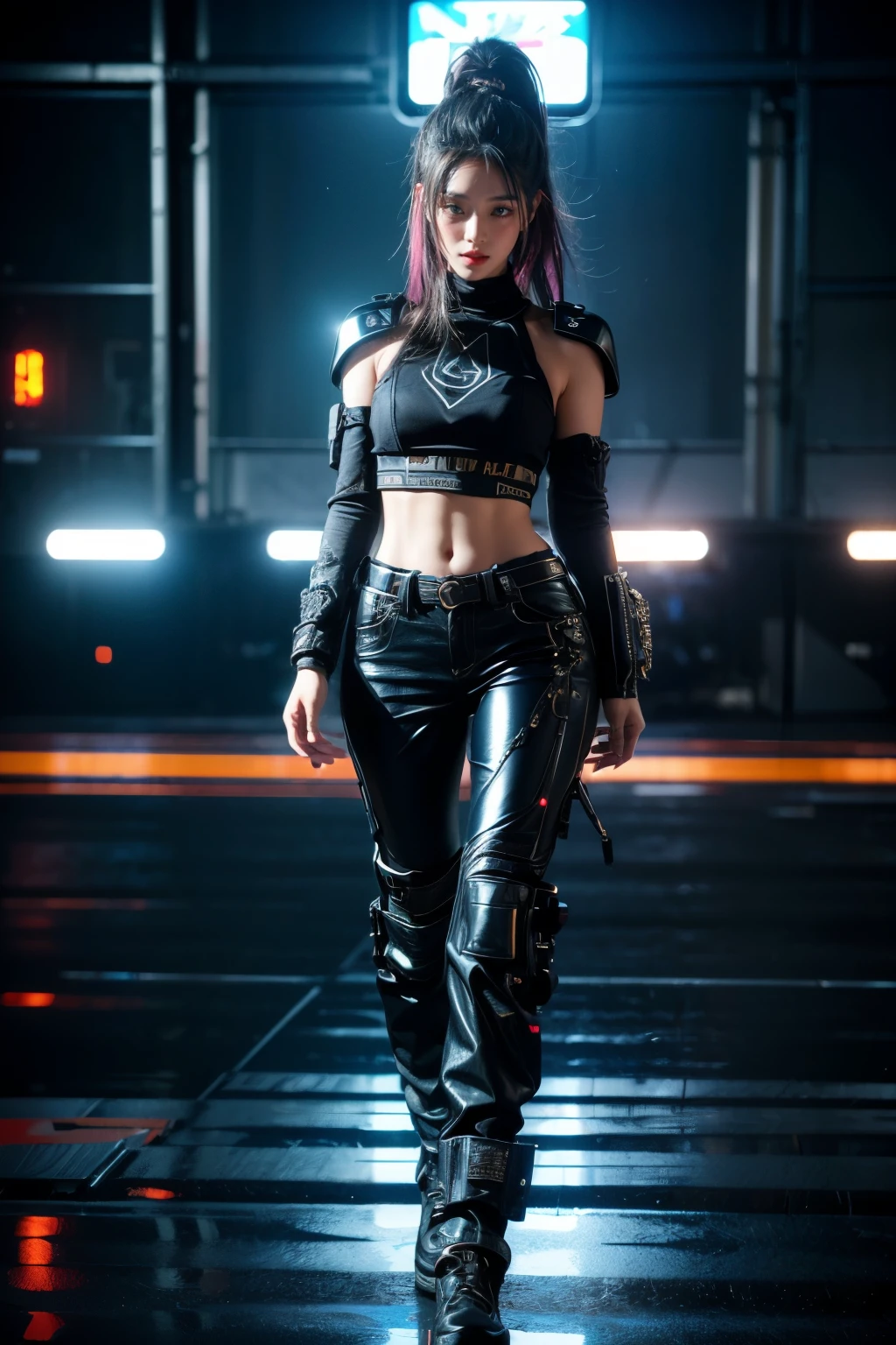 A 22-year-old hacker girl, beautiful detailed eyes, large breasts, ancient oriental hairstyle, wearing combat suit with futuristic technology, embellished with sparkly motifs and badges, dark blue skinny jeans, cyberpunk style setting, futuristic lighting and ray tracing, unreal engine 5, rule of thirds composition, (best quality, 8k, photorealistic, physically-based rendering, extreme detail, vivid colors:1.37), full body
