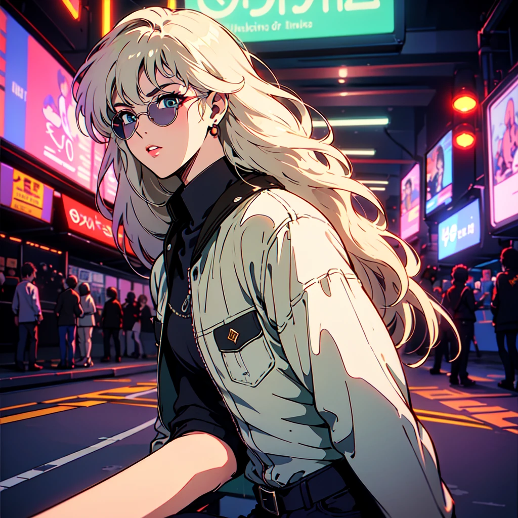 A city pop poster with a retro 80s feel、Imagine the album cover。With the highest quality anime illustrations、The main character is a blonde girl with short hair.。Her eyes shine blue、He is wearing sunglasses and rapper-style clothing.、I'm wearing headphones。
Drawn from a novel angle。Created in high definition like 4K、Creates the feeling of being in a dark room。The room was lit by blue lights.、It has a fantastic atmosphere。The room is a small space like a 1K.、The window offers a view of downtown Shinjuku.。
This work depicts a night city enveloped in neon lights.、This will be a record that allows you to fully enjoy the charm of city pop.。