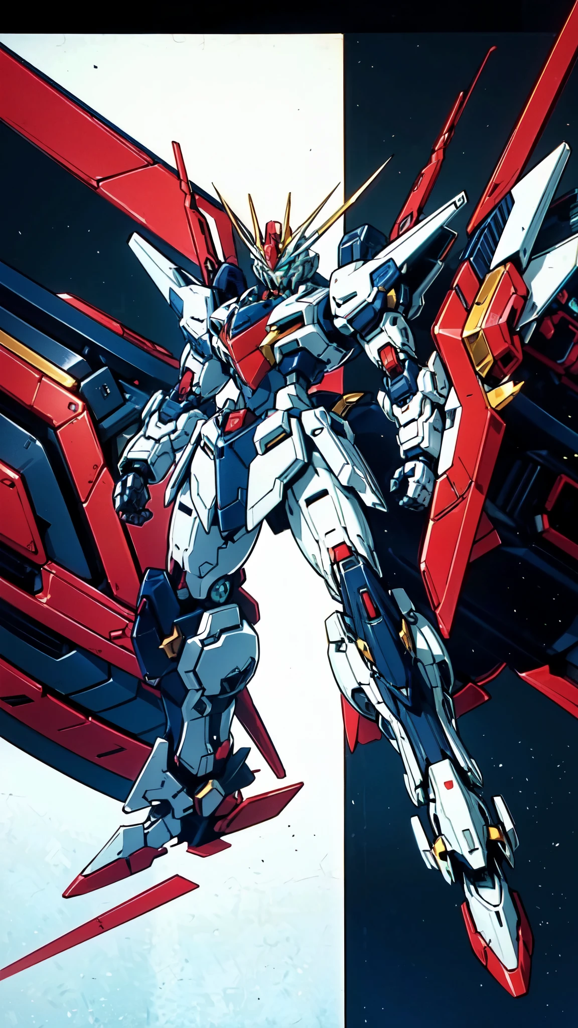 (masterpiece:1.5, best quality:1.5, extremely delicate:1.5), humanoid Mecha, fully enclosed shoulder guards, matching arm and leg guards, full body, full armor, the design balances heavy with agility, (the color scheme is primarily white with red and blue accents, the concept Inspired by Super robot, organic biotech armor, standing, floating high above the futuristic sci-fi city), exquisite and mature art style, (aura effect, energy, glowing eyes, the armor glows), metallic, dramatic, high definition, highres, ultra-detailed, ultra-fine painting, professional, perfect body proportions, anatomically correct, symmetrical face, extremely detailed eyes and face, high quality eyes, creativity, RAW photo, UHD, 32k, Natural light, cinematic lighting, masterpiece-anatomy-perfect