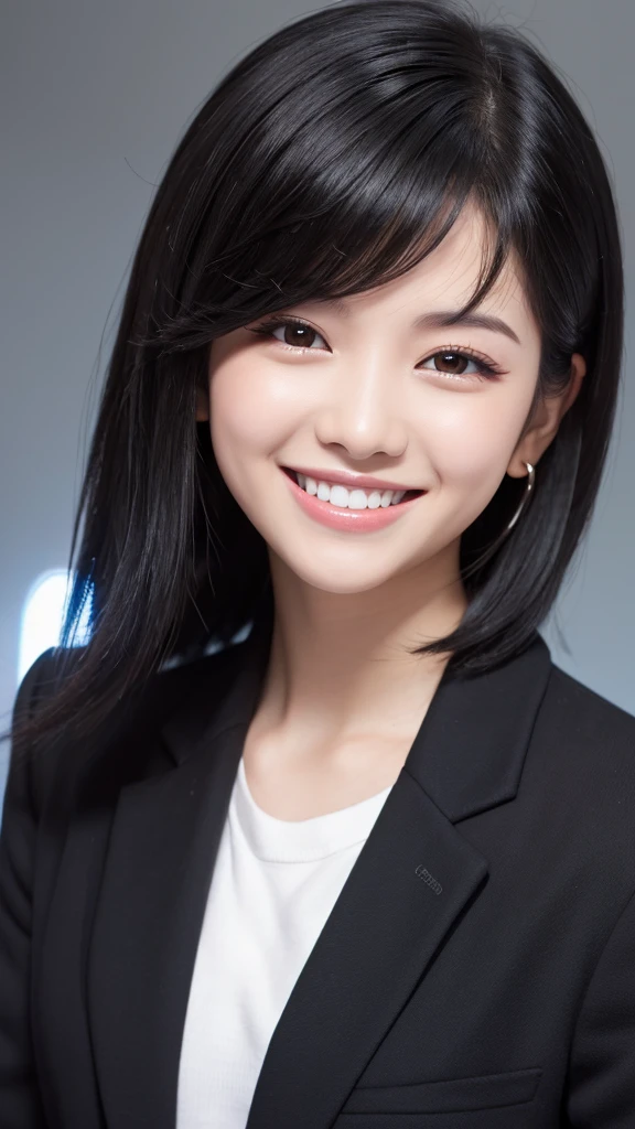 Shortcuts, Black Hair, Simple Background, High resolution, Slanted Eyes, Smiling with teeth showing, 