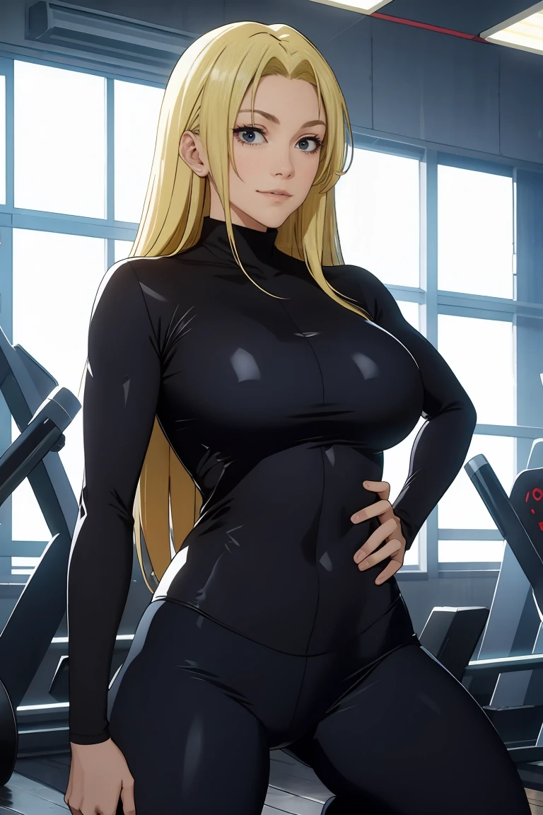 Yuki tsukumo from jujutsu kaisen, long hair, blonde hair, long belly, big , tight body , bodysuit, looking at viewer, cowboy shot , gym, squat, indoors, smile, blush, wet, heavy breath 