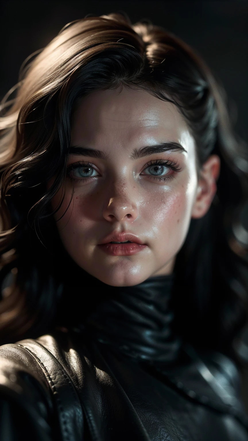 (((ultra realistic))) Photo, Masterpiece, Superior quality, (pale skin), (ultra detailed face and eyes.:1.2), bright Eyes, 1 girl, rode well, gloomy atmosphere, dark background, (eye makeup, mask) , ((dark wavy hair)) , ((stylish hairstyle)) , {gigantic|Huge|Mega}old, (a slight smile), ((posing)), Photoshoot, studio (Contour lighting), (The game of lights and shadows), depth of field, bokeh, (Special attention to leather details.: 1.2), detailed leather texture, skin pores, ((Dark and gloomy atmosphere frame. color combination - black, gray, pale, Tons)), ((film grain, VHS effect)), ((good heavens)) , ((portrait from the waist up, close to the camera)) , ultra detialed,
