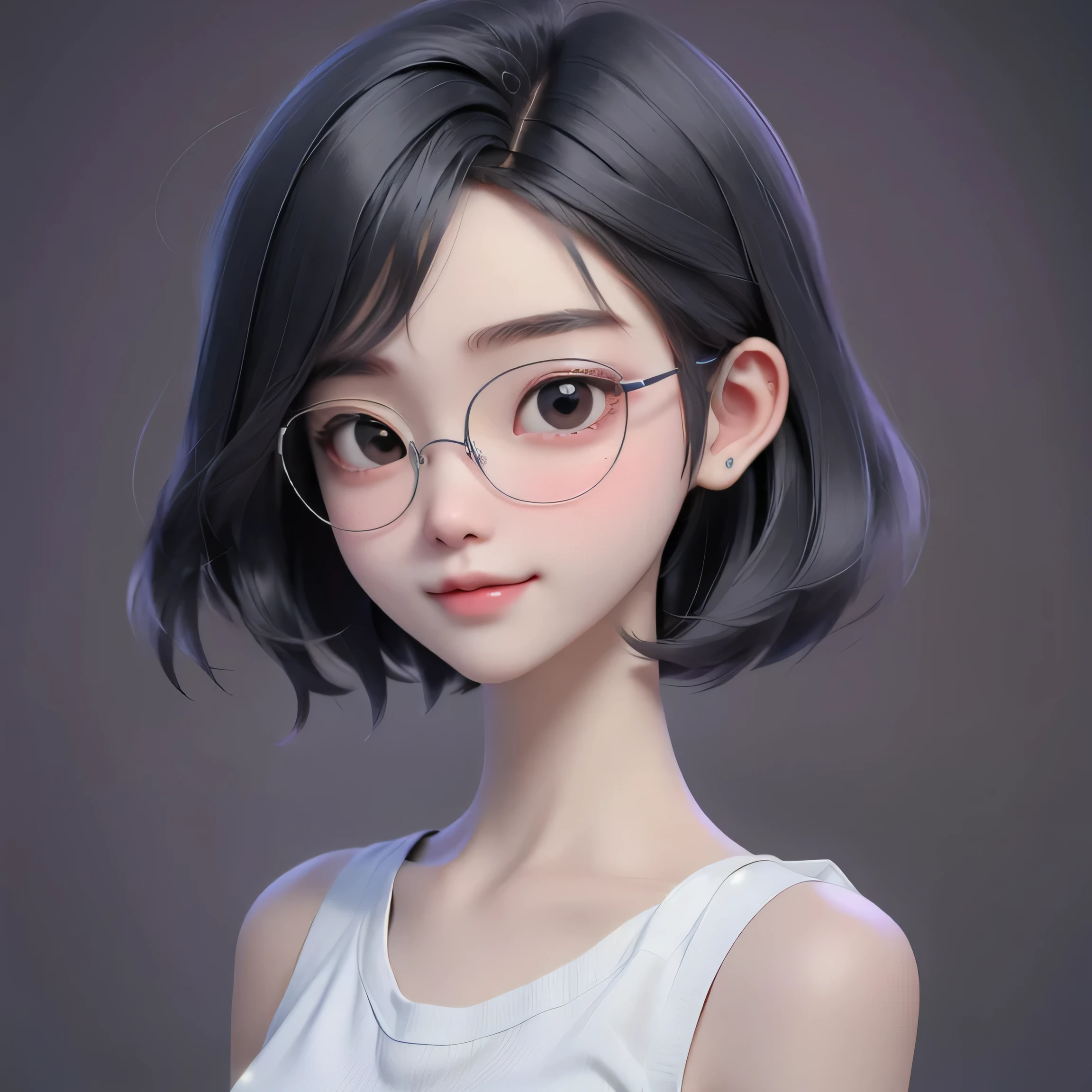 ((best quality)), ((masterpiece)), (detailed), perfect face. Asian girl. Smile. Black hair. Short hair. Tanktop. Small breast. Glasses.