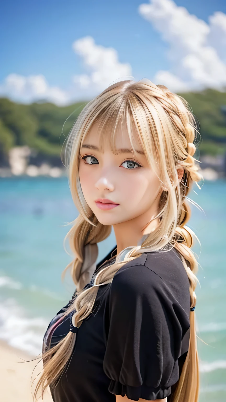 Sexy Big 、Sexy cute looks and cute beautiful girl, beautiful and sexy face、A strong wind blows my hair in front of my face、beautiful long blonde French braided hair、beautiful, Cute and sexy eyes hidden behind long bangs