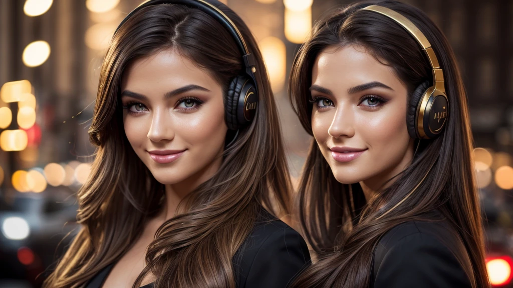 Girl, ((Film grain, bokeh, light particles ,Dust, Extreme camera angle)), (Best Quality,4k,hight resolution:1.2),Ultra-detailed,Realistic,Portrait,black & Gold Palette,Long flowing golden hairstyle, ((Red detailed eyes)), Vampire Liquids,radiant lighting,Detailed facial features,Dark background,Single man,in a black suit, Makeup artists do makeup for celebritieasterpiece:1.2), Best Quality, Masterpiece, hight resolution, Original, extremely detailed wallpaper, perfect lighting,(extremely detailed CGI:1.2), headphone, Madison Square New York, Traffic jam, headphone, smile, smile, smile, headphone, headphone
