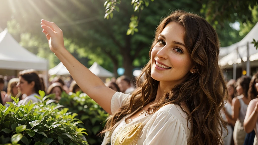 Half body of a realistic 40-year-old woman with brown, wavy hair cascading down her shoulders, a perfect face framed by elegant features – high cheekbones, a straight nose, and expressive brown eyes – wearing classic clothing that complements her timeless beauty. She is arriving in the middle of an outdoor festival, standing in the midst of vibrant greenery and colorful overhead canopies. In her hand, she raises one arm, greeting the enthusiastic audience with a warm, friendly smile that lights up her face. The sun casts a golden glow over the scene as the soft melody of a music recital drifts through the air, adding to the serene atmosphere.
