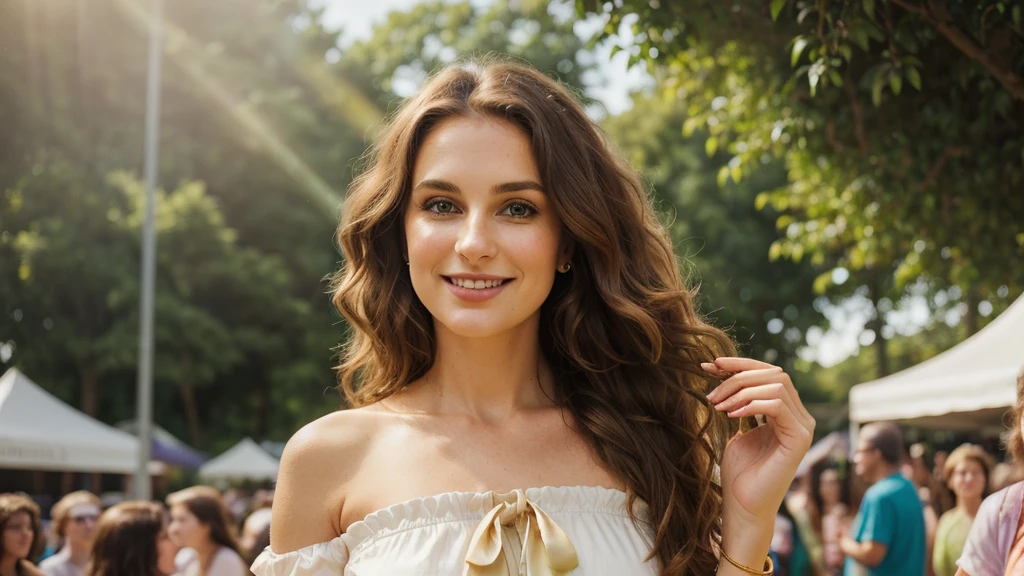 Half body of a realistic 40-year-old woman with brown, wavy hair cascading down her shoulders, a perfect face framed by elegant features – high cheekbones, a straight nose, and expressive brown eyes – wearing classic clothing that complements her timeless beauty. She is arriving in the middle of an outdoor festival, standing in the midst of vibrant greenery and colorful overhead canopies. In her hand, she raises one arm, greeting the enthusiastic audience with a warm, friendly smile that lights up her face. The sun casts a golden glow over the scene as the soft melody of a music recital drifts through the air, adding to the serene atmosphere.
