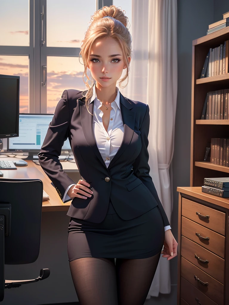 Woman in business suit standing in front of a computer., Realistic girl, wearing a strict business suit, hyperRealistic , seductive woman, A hyperrealist , beautiful and seductive woman, In a strict suit, in strict suit, epic and elegant portrait, (sfw) Insurance for work, office clothes