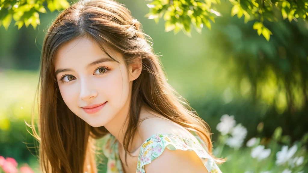 best quality,4k,8k,highres,masterpiece:1.2,vivid colors,portraits,A girl in a garden,beautiful detailed eyes,beautiful detailed lips,extremely detailed eyes and face,long eyelashes,soft and flowing hair,natural and glowing skin,lovely smile,fluttering summer dress,freshly bloomed flowers,green grass and trees,warm sunlight,playful pose,serene atmosphere,soft color palette,subtle lighting effects