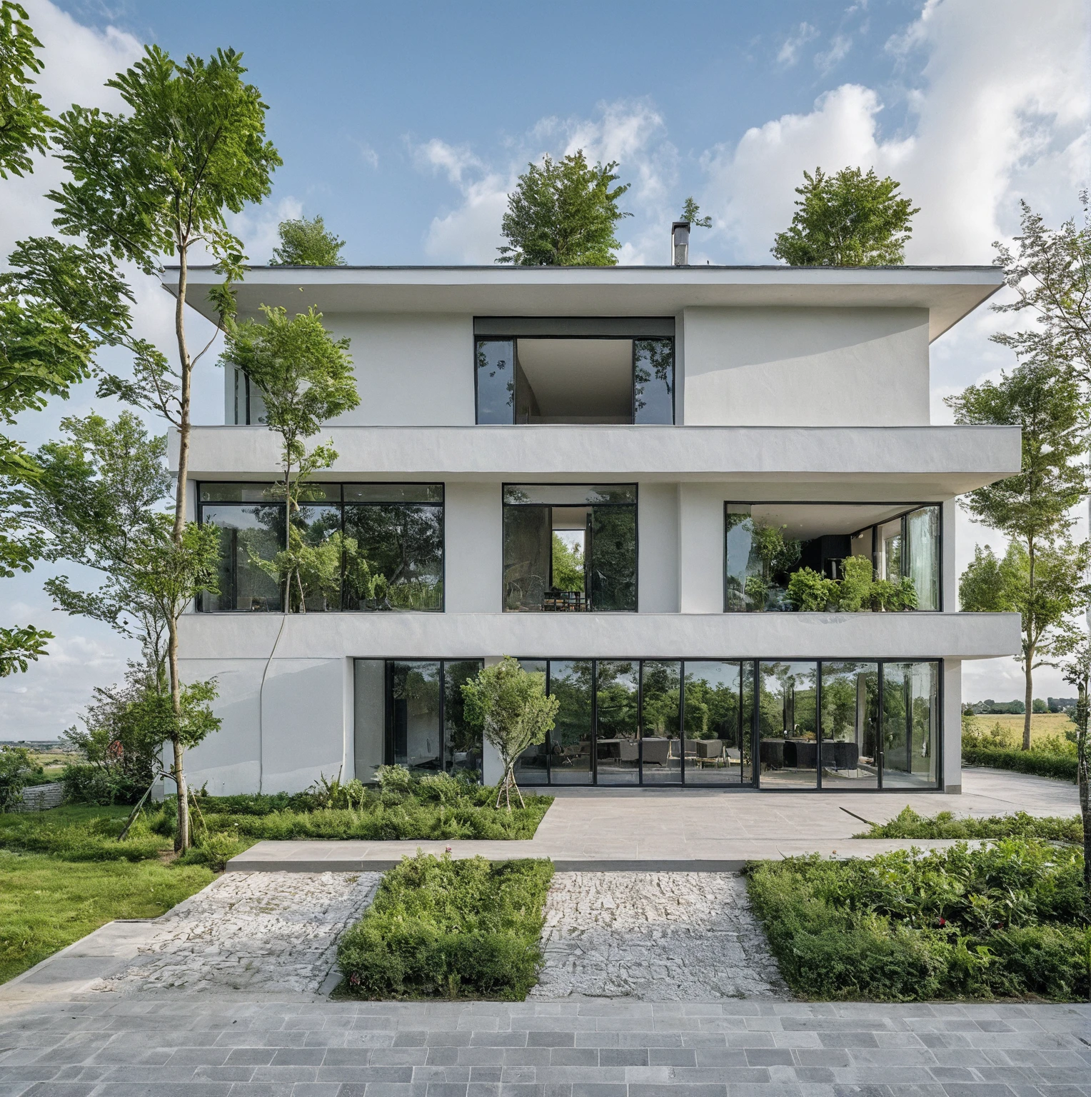 High quality, best quality, authentique, great detail, En plein air, villa de plain-piedXL, credit group, style de maison moderne dans la rue ,stairs, white wall ,road,pavement, grass, trees, sky, nuvens, (day light:1.1)